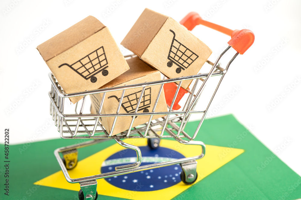 Box with shopping cart logo and Brazil flag, Import Export Shopping online or eCommerce finance delivery service store product shipping, trade, supplier concept.