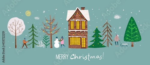 Vector hand drawing trendy abstract illustration of holiday cards f Merry Christmas and Happy New Year 2022 with christmas tree, winter forest, people and lettering.