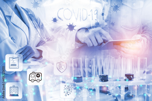Double exposure Medicine doctor and health care.Health care icon with medical network connection. study,vaccine, rising growth.COVID-19. Photo Medical and technology concept.