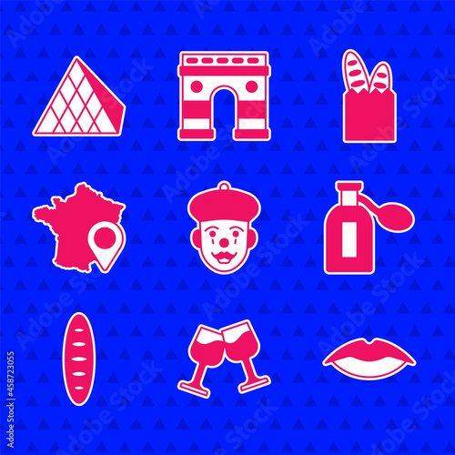 Set French mime, Wine glass, Smiling lips, Perfume, baguette bread, Map of France, and Louvre pyramid icon. Vector