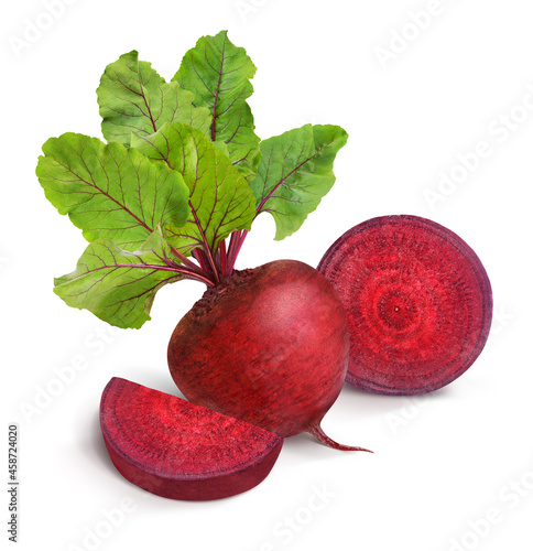 Beetroot with leaves, fresh whole_and sliced beet isolated on white background