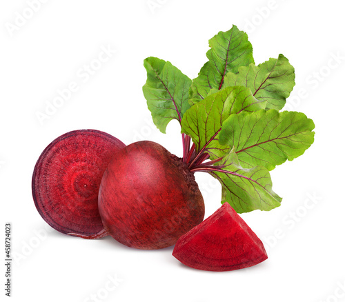 Beetroot with leaves, fresh whole_and sliced beet isolated on white background