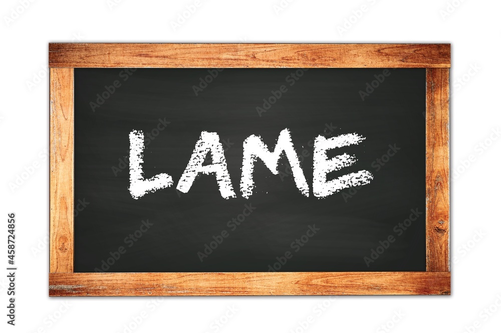 LAME text written on wooden frame school blackboard. LAME text written on wooden frame school blackboard.