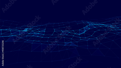 Abstract vector technology wave of particles. Big data visualization. Background with motion dots and lines. Artificial intelligence.