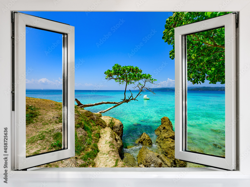 view from an open window to the Caribbean sea