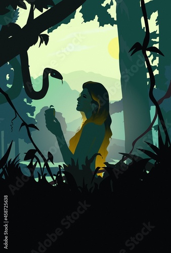 Silhouette of Eve and the Serpent, grain textured, Old Testament Genesis, religious illustration imagery, Garden of Eden