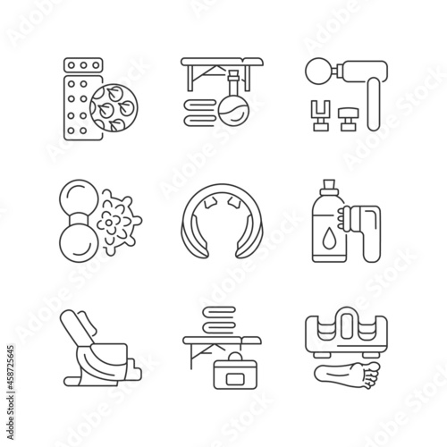 Electric massagers linear icons set. Acupressure pad. Vibrating devices for neck and back stimulation. Customizable thin line contour symbols. Isolated vector outline illustrations. Editable stroke