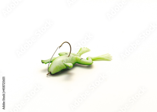 Upside down view top water frogs lure with sharp hook and stainless steel wire guard isolated on white