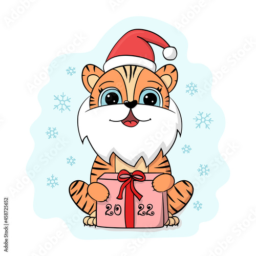 Tiger with beard and santa hat illustration. Cartoon Chinese New year 2022 horoscope. Animal symbol color vector © Ramziia