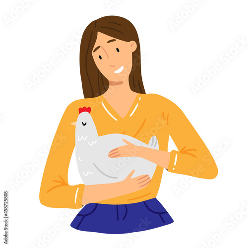 A young girl is holding a chicken in her hands and smiling. Vector illustration on the theme of veganism and vegetarianism.