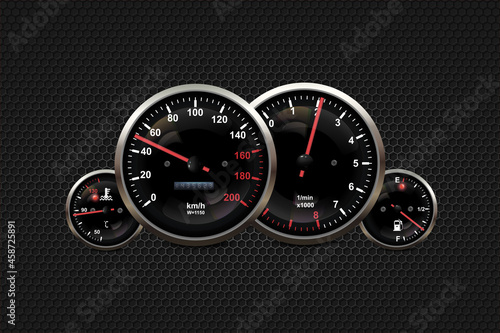 Car dashboard speedometer, tachometer, digital LED indicators for fuel and engine temperature. Vector realistic elements of car dashboard instrument cluster.