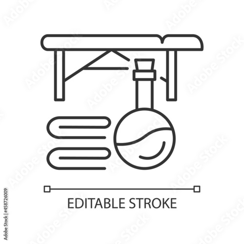 Massage table linear icon. Body and skin care. Massage therapy for muscle relief. Masseur. Thin line customizable illustration. Contour symbol. Vector isolated outline drawing. Editable stroke