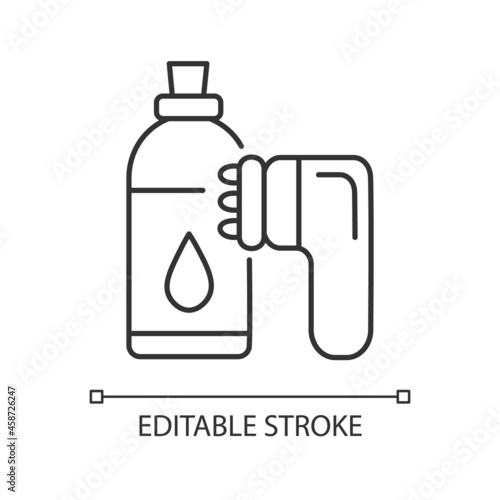 Anticellulite massager linear icon. Massaging legs and buttocks. Lipolysis. Portable tool. Thin line customizable illustration. Contour symbol. Vector isolated outline drawing. Editable stroke