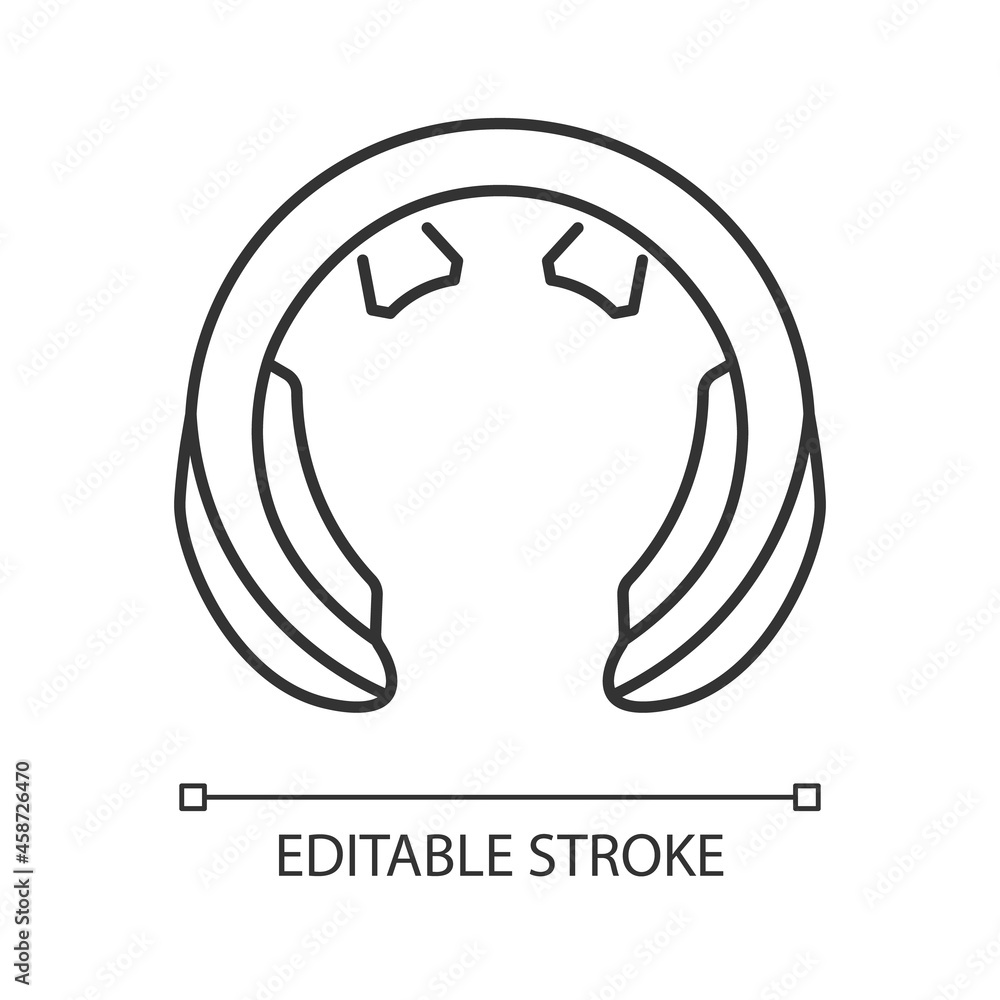 Neck massage tool linear icon. Device for stimulating neck and shoulders. Relaxation, recreation. Thin line customizable illustration. Contour symbol. Vector isolated outline drawing. Editable stroke Neck massage tool linear icon. Device for stimulating neck and shoulders. Relaxation, recreation. Thin line customizable illustration. Contour symbol. Vector isolated outline drawing. Editable stroke