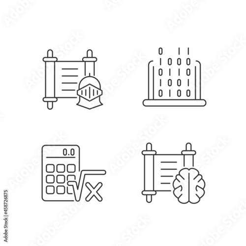 Humanities and applied subjects linear icons set. History, philosophy lesson. Algebra, IT classes. Customizable thin line contour symbols. Isolated vector outline illustrations. Editable stroke