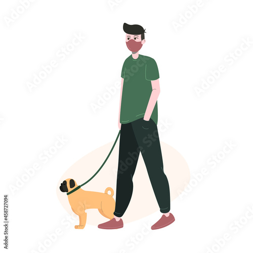 Young man in protective face mask walking his pug isolated o white background. Coronavirus concept flat vector illustration.