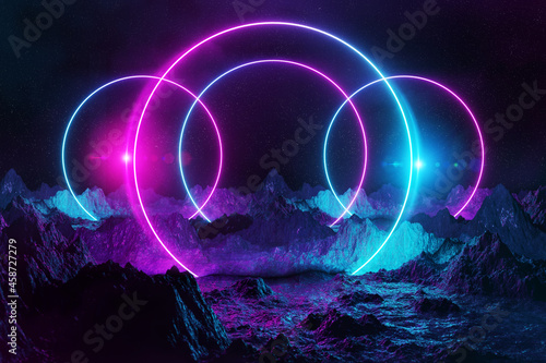 Obraz na plátně Abstract background with blue and pink neon light circles reflecting on asteroid