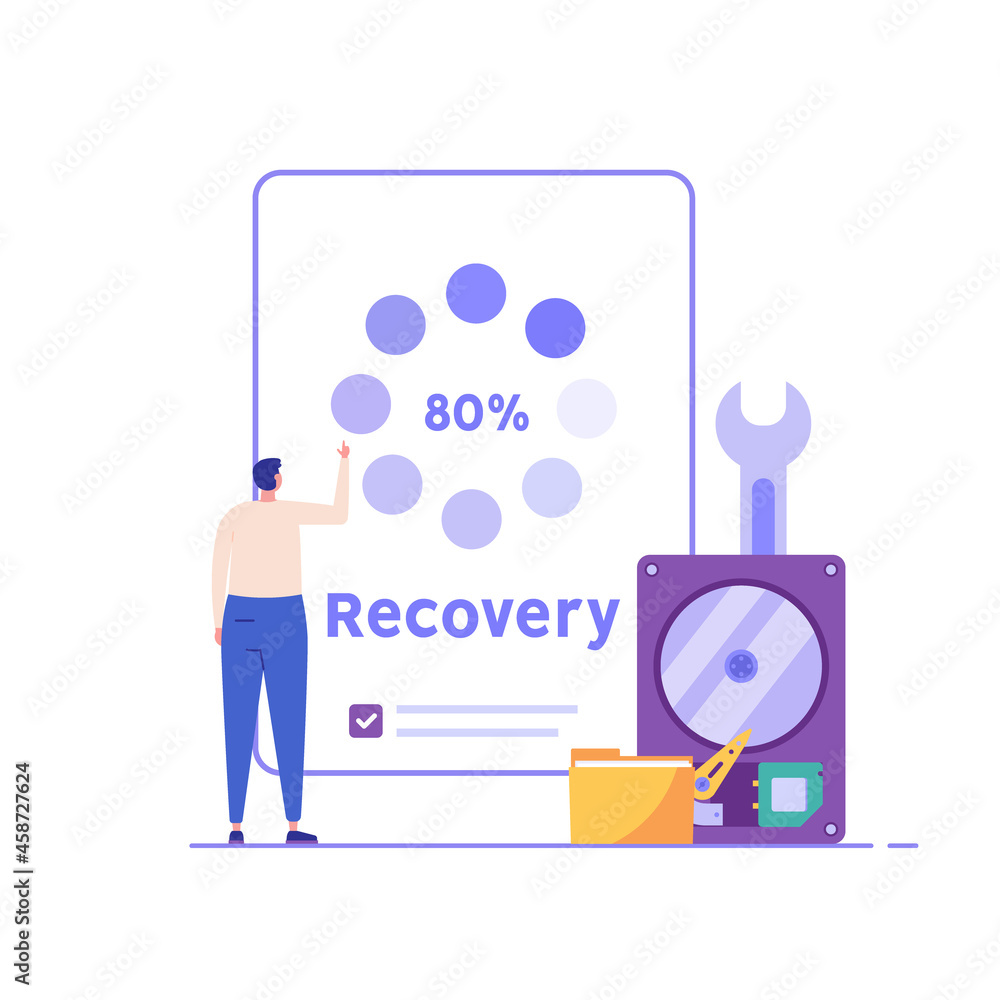 Man in uniform repairing HDD. Restoration process. Data recovery, data storage backup, hardware disk repair service. Vector illustration in flat cartoon design. Man in uniform repairing HDD. Restoration process. Data recovery, data storage backup, hardware disk repair service. Vector illustration in flat cartoon design.