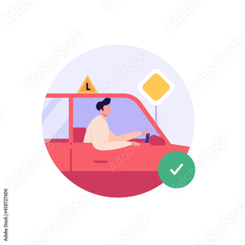 Man learning to drive a car on driver course. Auto school practice. Concept of driving school, driver’s license, driving exam or test. Vector illustration in flat design for web banner, mobile app