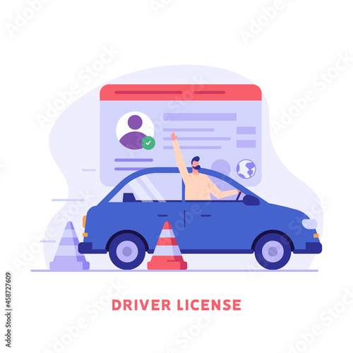 Man learning to drive a car on driver course. Auto school practice. Concept of driving school, driver’s license, driving exam or test. Vector illustration in flat design for web banner, mobile app