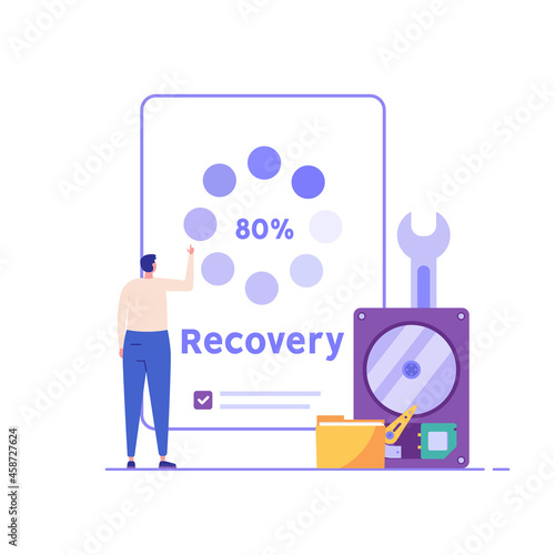 Man in uniform repairing HDD. Restoration process. Data recovery, data storage backup, hardware disk repair service. Vector illustration in flat cartoon design.