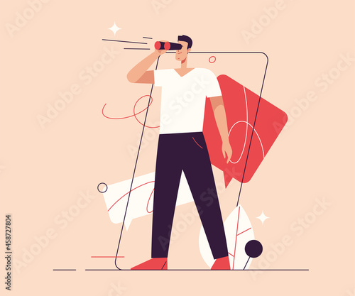 Vector illustration depicting a man looking through binoculars on the subject of searching of future opportunities and new ideas. Editable stroke