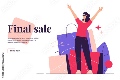 Vector illustration depicting an excited woman standing on the background of shopping bags. Editable stroke