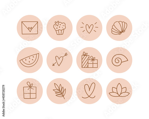 Set of hand-drawn line art icons for social media cover designs. Story highlight templates for bloggers, online shops. Heart, letter, gift box, shell, cake, floral symbols in doodle style. 