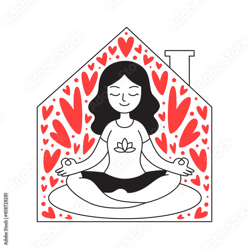 Woman meditating at home full of hearts. Minimalist hand-drawn illustration isolated on white background. Calmness, yoga time, self-aware concept. Line art for social media, poster, advert, or print.