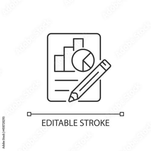 Economics linear icon. Graphs, diagrams, pencil. Plan, report preparation. Economics classes. Thin line customizable illustration. Contour symbol. Vector isolated outline drawing. Editable stroke