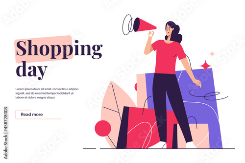 Vector illustration depicting a young woman with loudspeaker standing on the background of shopping bags. Editable stroke