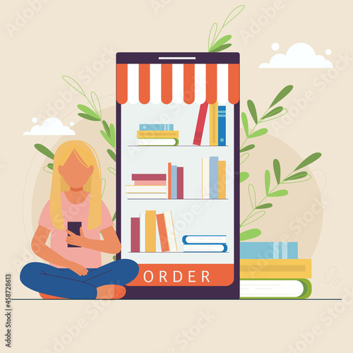Girl ordering books via smartphone. Online library with home delivery. Book e-store for lovers to read. Buying stories, poems, novels on website or via mobile application.