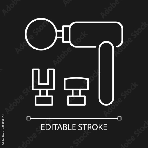 Percussive massage tool white linear icon for dark theme. Massage gun. Muscles, tissues massaging. Thin line customizable illustration. Isolated vector contour symbol for night mode. Editable stroke