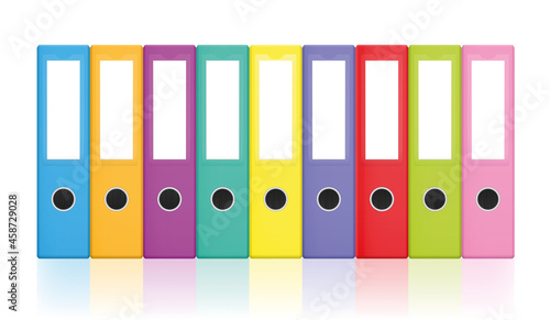 Colorful ring binders, colored blank leaf binder collection for happy office work and tidy filing. Isolated vector illustration on white background.
