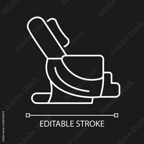 Massage chair white linear icon for dark theme. Massaging equipment. Spa salon, center. Body care. Thin line customizable illustration. Isolated vector contour symbol for night mode. Editable stroke