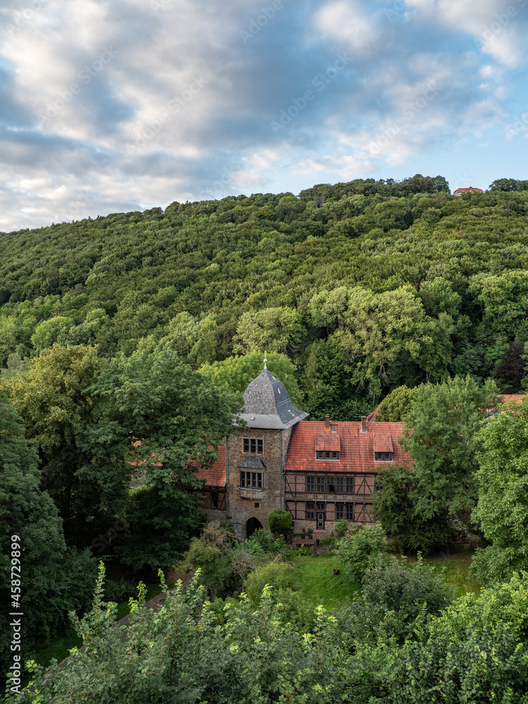 Country landscape over castle Schaumburg in Germany