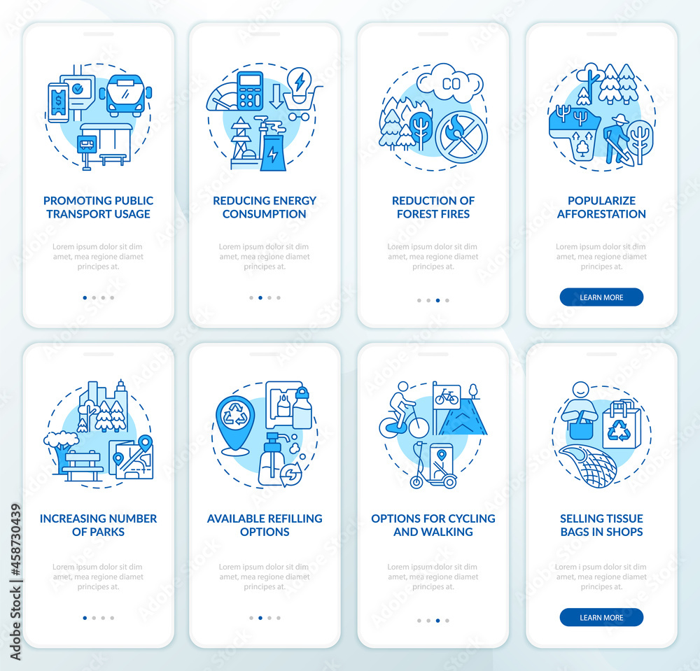 Decreasing air pollution onboarding mobile app page screen set. Saving energy walkthrough 4 steps graphic instructions with concepts. UI, UX, GUI vector template with linear color illustrations