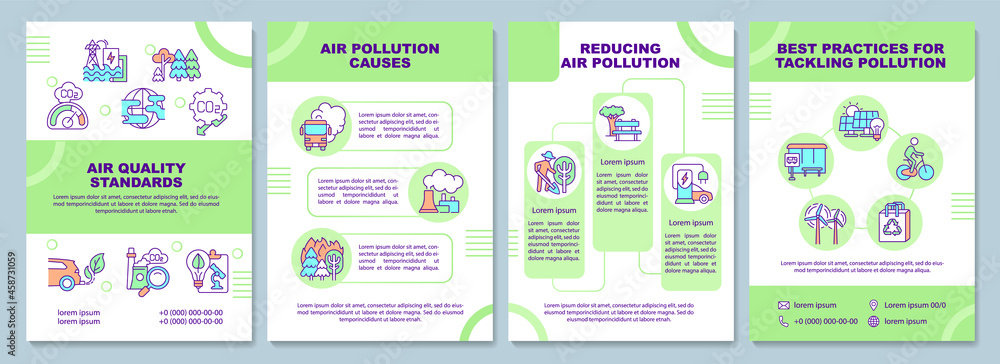 Air quality standards brochure template. Tackling air pollution. Flyer, booklet, leaflet print, cover design with linear icons. Vector layouts for presentation, annual reports, advertisement pages