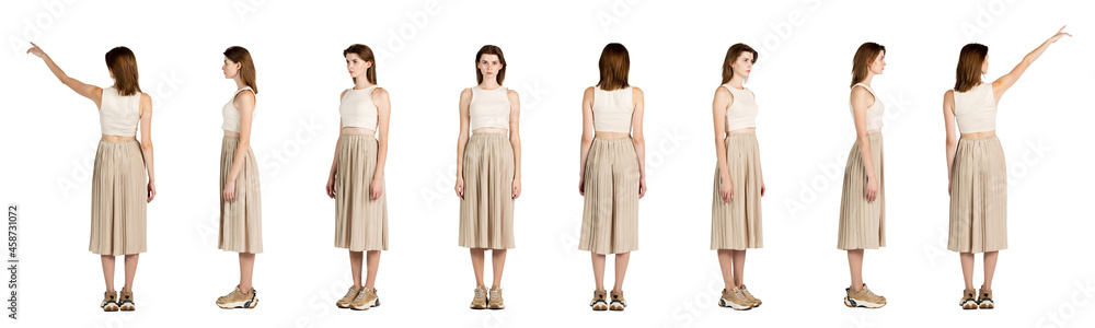 Collage of a young woman, girl wearing light color outfit standing isolated over white background. Profile, front and back view. Collage of a young woman, girl wearing light color outfit standing isolated over white background. Profile, front and back view.
