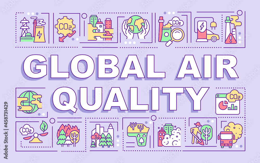 Global air quality word concepts banner. Environmental risk to health. Infographics with linear icons on purple background. Isolated creative typography. Vector outline color illustration with text