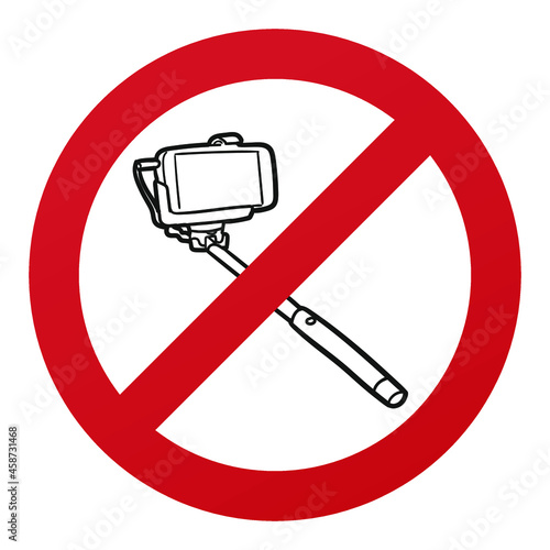 No Selfie Symbol Isolated on White Background. Camera Stick Vector Illustration Prohibition Stop Sign.