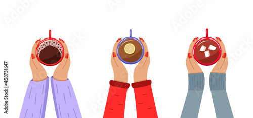 Women hands hold a cup of coffee, of hot chocolate with marshmallows, of hot tea with lemon. Top view. Vector illustration.