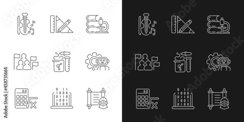 Different types of school subjects linear icons set for dark and light mode. Scientific study. Music classes. Customizable thin line symbols. Isolated vector outline illustrations. Editable stroke