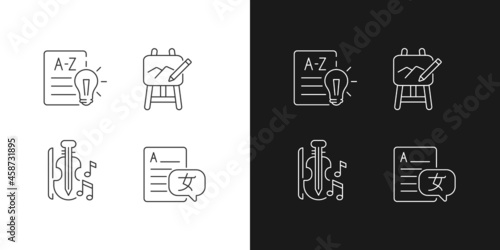 Variety of subjects in school linear icons set for dark and light mode. Art classes. Music education. Customizable thin line symbols. Isolated vector outline illustrations. Editable stroke