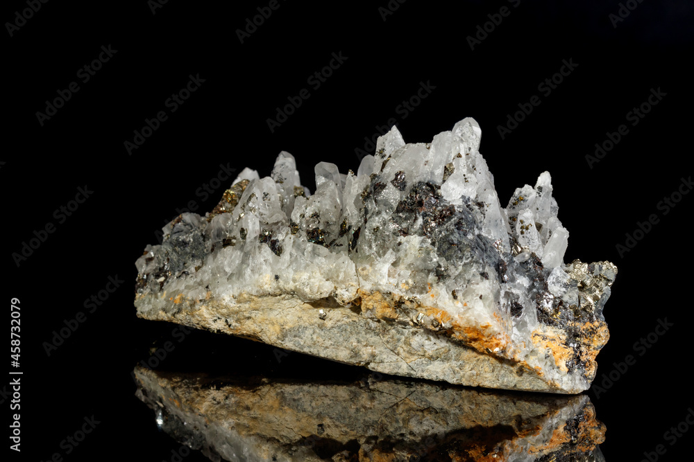 Obraz premium Macro mineral stone Galena, Sphalerite, Pyrite, Quartz on a black background