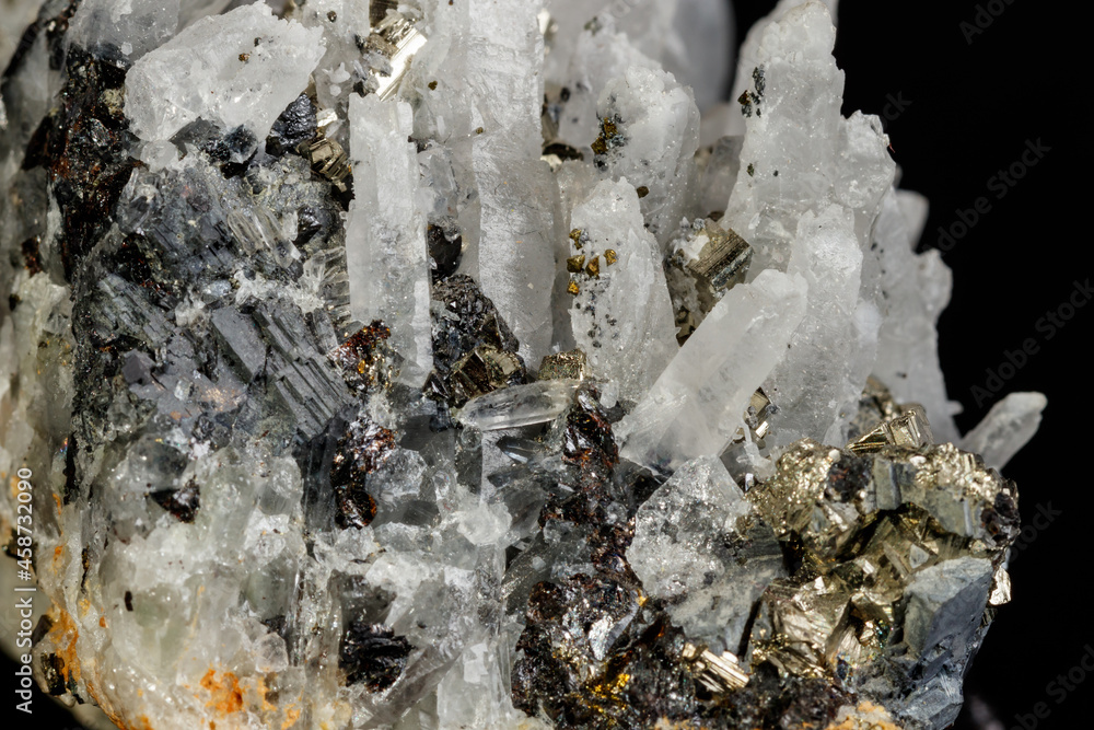 Macro mineral stone Galena, Sphalerite, Pyrite, Quartz on a black background Macro mineral stone Galena, Sphalerite, Pyrite, Quartz on a black background