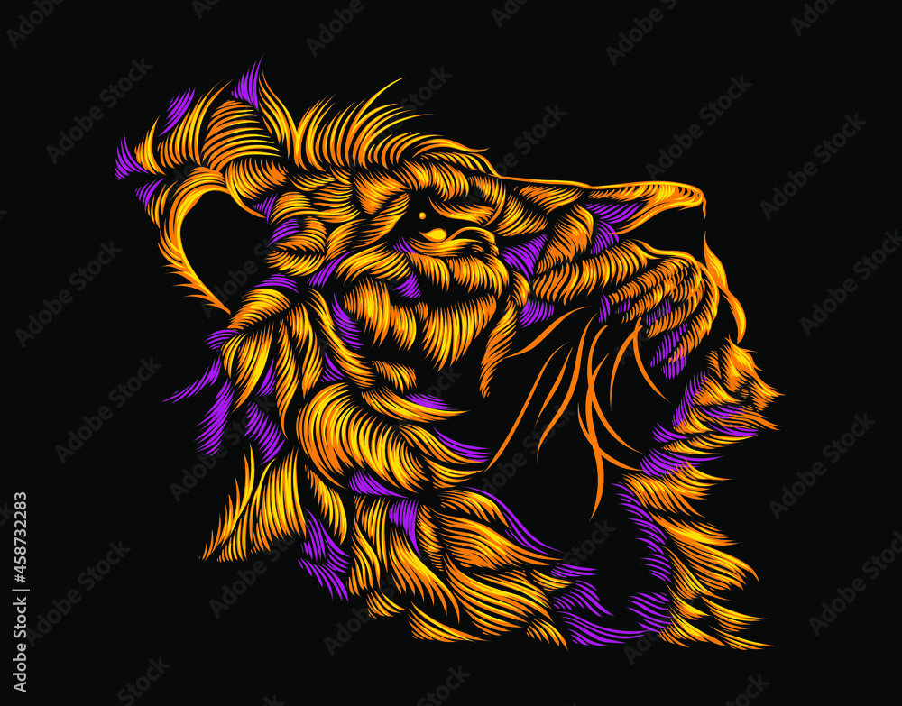 Lion color line art illustration on black background for apparel, poster,  banner, wallpaper, wall art. Vector graphic eps 10. Stock Vector | Adobe  Stock