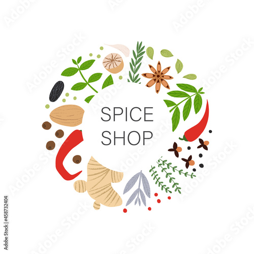 Spices and herbs frame. Hot and Spicy lettering with flat hand drawn cooking ingredients. Trendy label for spice shop design.