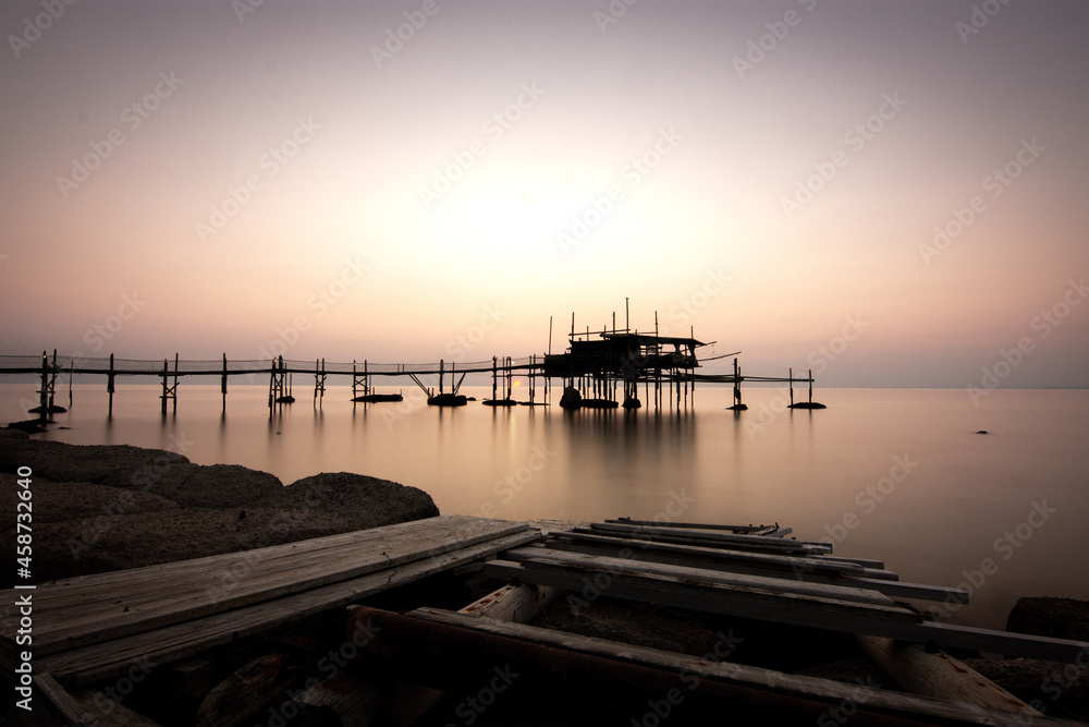 view of a Trabocco at sunrise