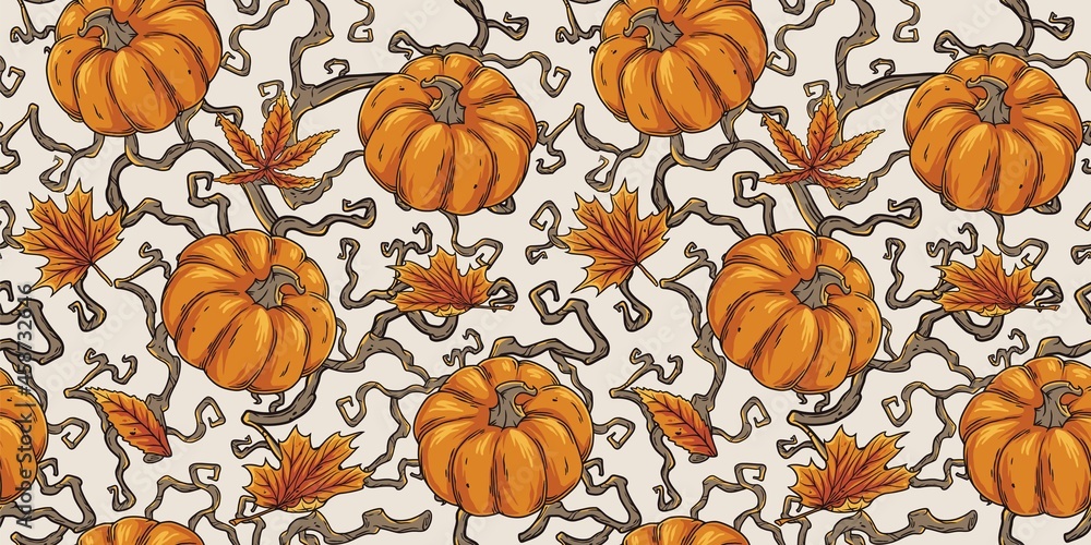 Autumn seamless pattern with pumpkin, branchs and orange foliage for happy halloween background or october design Autumn seamless pattern with pumpkin, branchs and orange foliage for happy halloween background or october design
